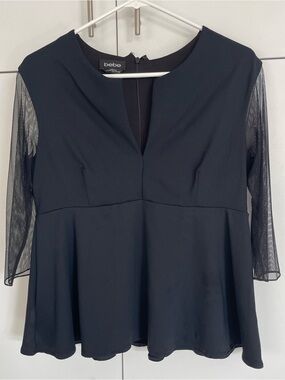 Bebe Black Peplum Top Sheer Mesh 3/4 Sleeve V-Notch Zipper Back L